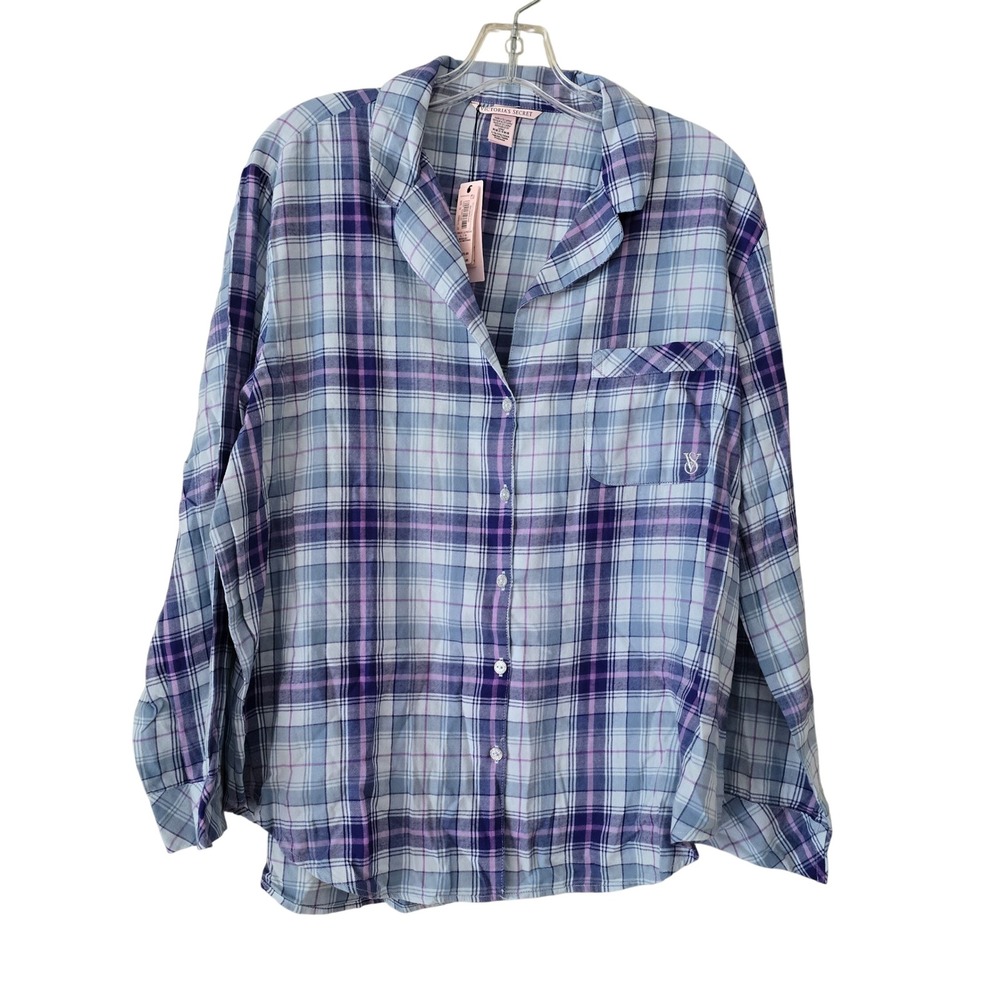 Victoria's Secret Blue Purple Plaid Flannel Pajama Top Button Down Shirt Large